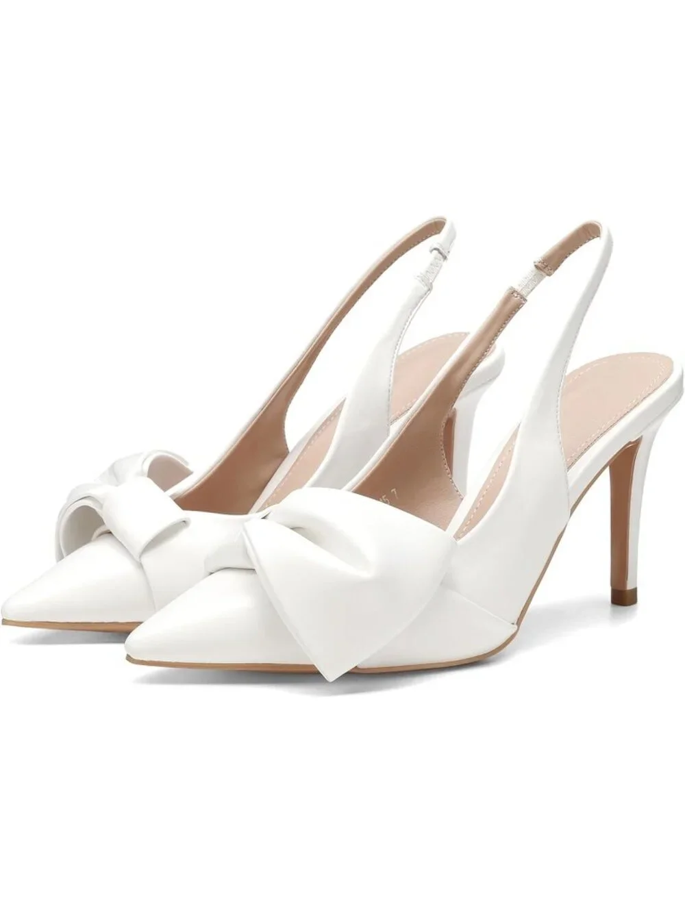 Women's Pu White Slingback Heels with Bow Pointed Toe Pumps Dress Shoes